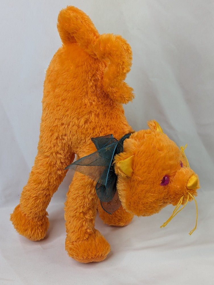 Fiesta Orange Crouching Cat Plush 10 Inch Halloween Pink Eyes Stuffed Animal Toy