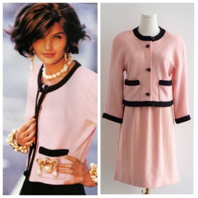 Chanel Vintage S/S 1990 Pink Black CC Tweed Jacket Skirt