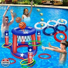 American Flag Pool Toys Games Set, Inflatable 2-in-1 Floating Basketball Hoop