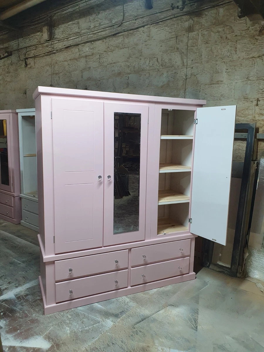 HANDMADE AYLESBURY PINK TRIPLE SHELVES MIRRORED WARDROBE CRYSTAL