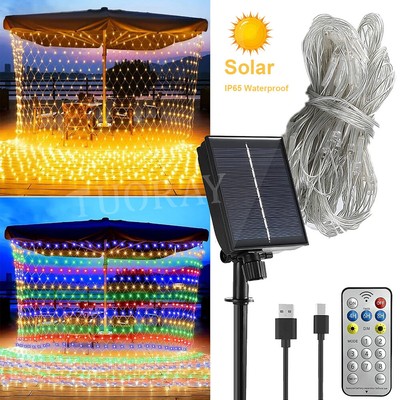 Solar LED Lichternetz 3x2m Lichtervorhang Außen Party Garten Weihnachtsdeko DHL