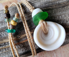 Hawaii Sea Glass  Big Puka Shell Beach Necklace Braided Cord Men Women Teen