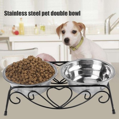 Stainless Steel Double Dog Cat Food Water Bowls Feeder Dishes Shelf Stand SET