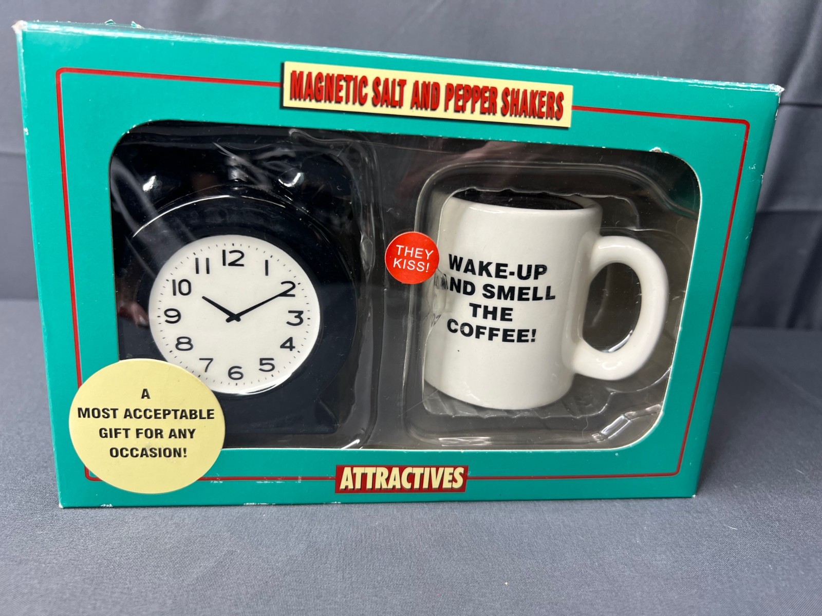 Ahomate Attractives Magnetic Ceramic Salt & Pepper Shakers Alarm Clock NIP