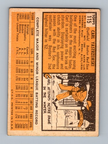 1963 Topps #115 Carl Yastrzemski VG-VGEX Boston Red Sox HOF Baseball Card - Picture 2 of 2