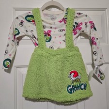 Kids Grinch Christmas Cozy Outfit Long Sleeve Shirt Suspender Skirt Set 3T NWT