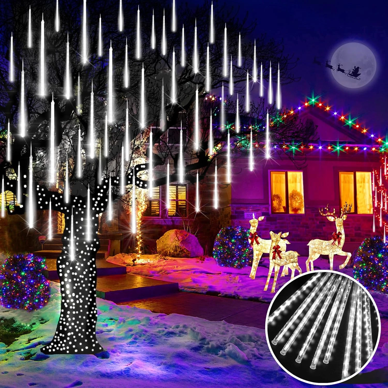 48 LED Meteor Shower Lights - 2 Pack, Waterproof Cool White Xmas Decor
