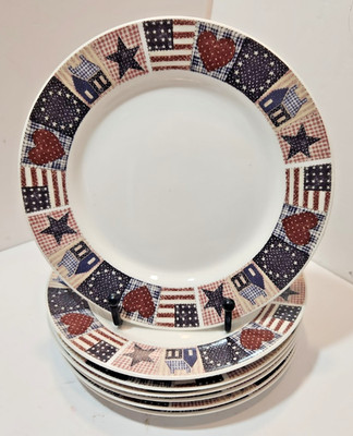 Oneida D C Brown Co American Quilt Salad Plates 7.5'' White Red Blue 2001 Set 7