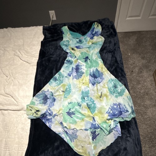 Rabbit Rabbit Designs Floral Chiffon Maxi Dress Green/Blue V-Neck Lined Sz 11