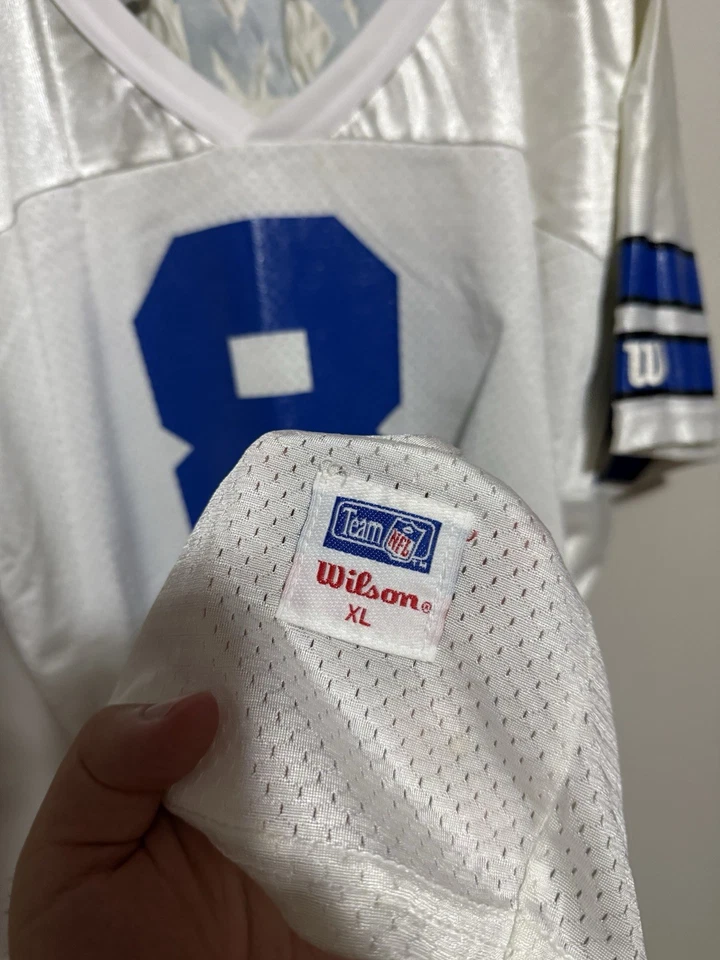 Camiseta deportiva local de los Wilson Dallas Cowboys Troy Aikman #8 de la década de 1990 blanca de la NFL de colección rara talla XL Foto 3 de 4