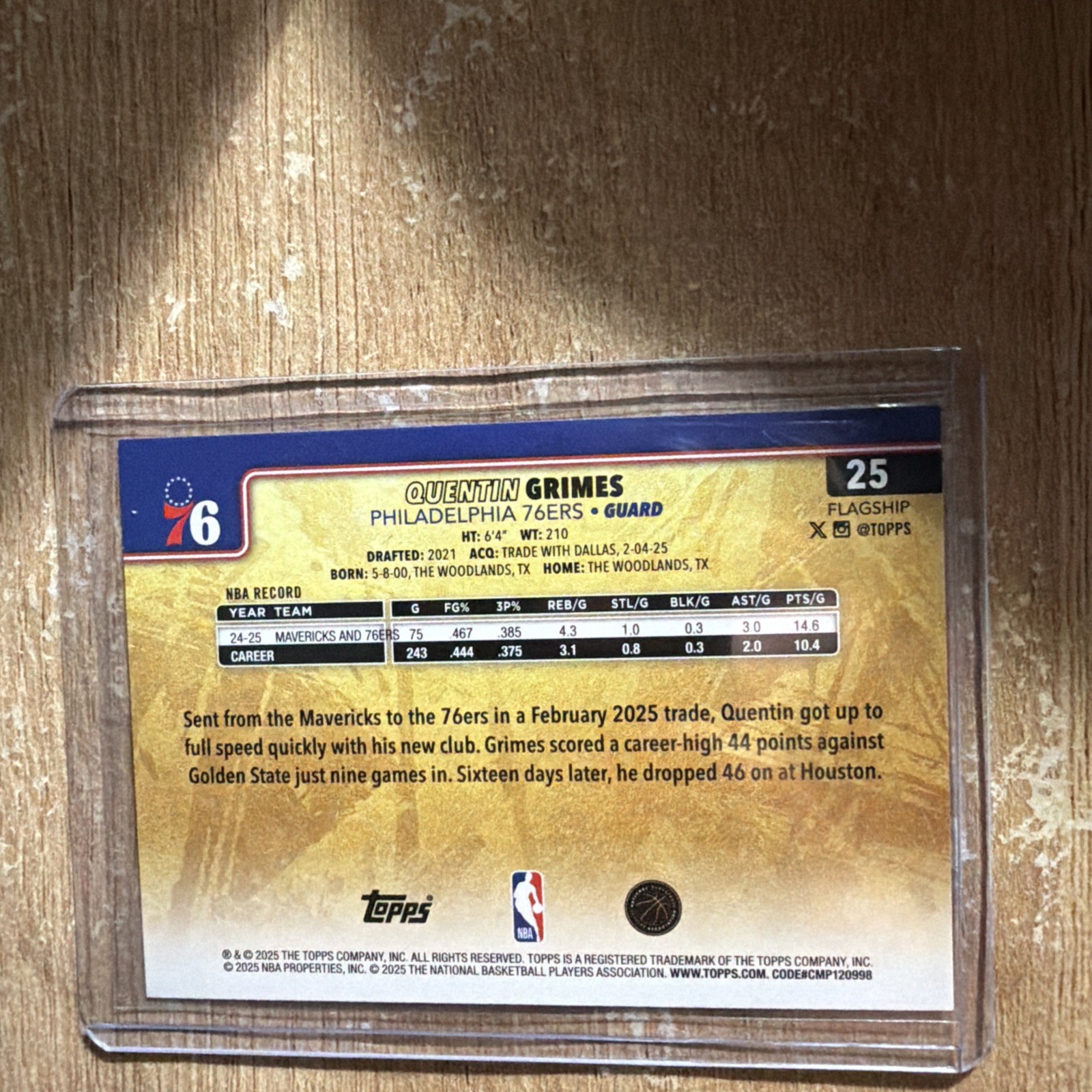 2025-26 Topps Golden Mirror Image Variation #25 Quentin Grimes SSP 76ERS (RARE)