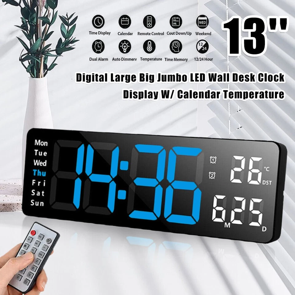Digitaluhr Wanduhr 13" LED Display Wecker Uhr mit Zeit Temperatur Fernbedienung - Bild 3 von 4