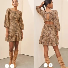 Anthropologie Maeve Leopard Cut-out Mini Dress Sz 10 Tan Black Jacquard Flounce