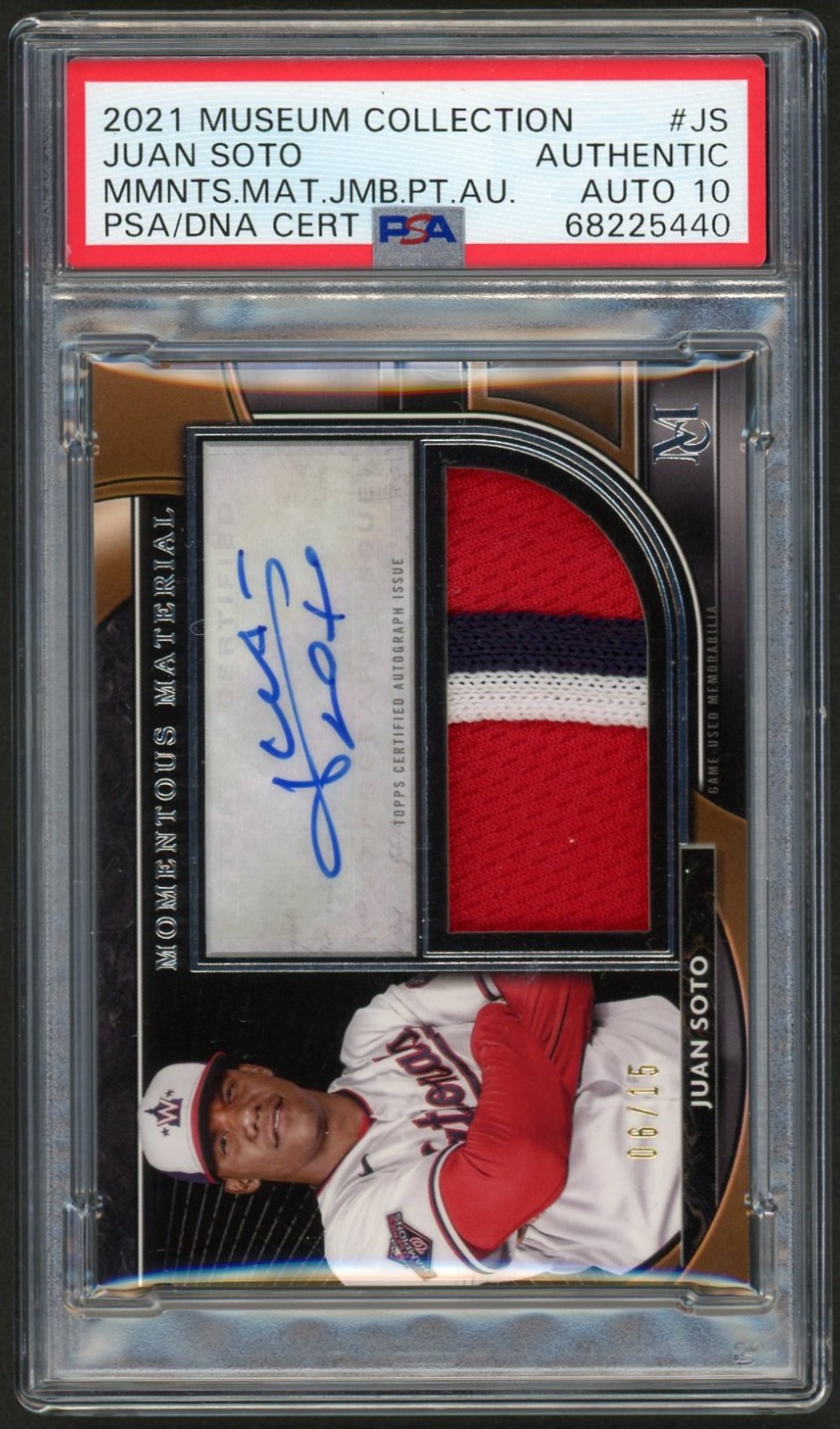 2021 Topps Museum Juan Soto Momentous Jumbo Patch Auto /15 PSA DNA Auto 10