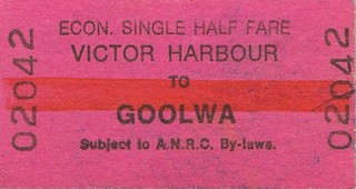 Railway tickets SA ANR Victor Harbor to Goolwa economy half fare single 1988