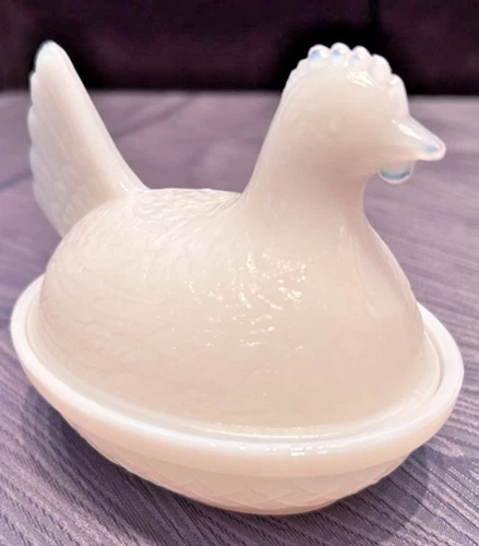 Vintage Milk Glass Hen Nest Mini Covered Dish White Chicken Trinket Candy Bowl