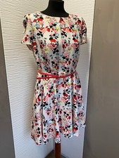 OASIS 14 DRESS CREAM PINK RED BLACK CAP SLEEVE 1950 TEA DRESS FLORAL STRAWBERRY
