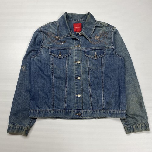 Vtg Gloria Vanderbilt Womens Denim Jacket S Blue Embroidery Button Up Distressed