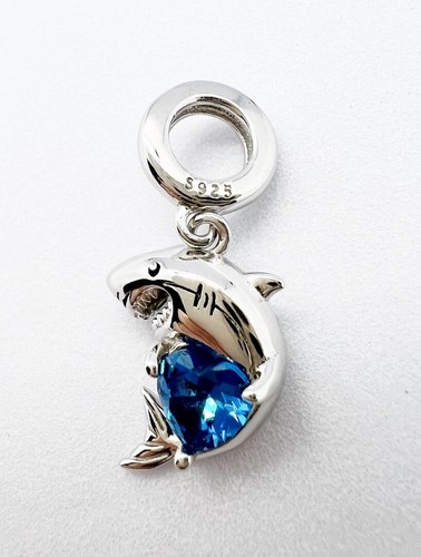 Breloque pendentif requin coeur bleu vie marine océan véritable argent sterling 925 💖 - Photo 3/5