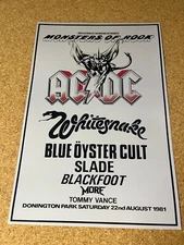 1981 Monsters of Rock AC/DC Whitesnake Blue Oyster Cult Cardstock Concert Poster