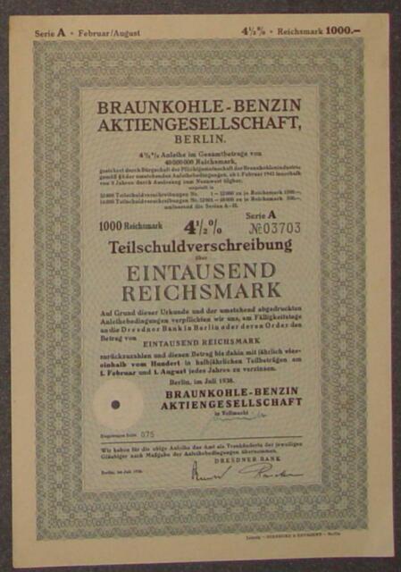 Braunkohle-Benzin Aktiengesellschaft 4 5 % 1938 1000 RM Serie A