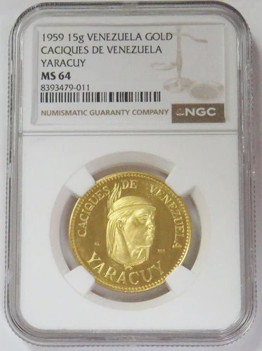 1959 GOLD VENEZUELA YARACUY CACIQUES CHIEF 15 GRAM NGC MS 64