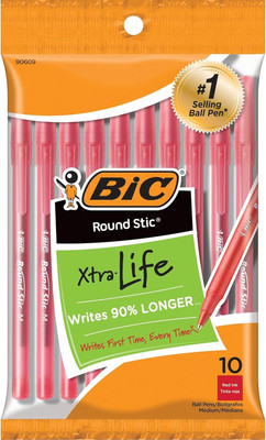 round Stic Xtra Life Red Ballpoint Pens, Medium Point (1.0Mm), 10-Count Pack of 