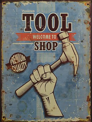 Blechschild ''Tool Shop'' Werkzeug Laden Reparatur Werkstatt Tankstelle 33x25cm 