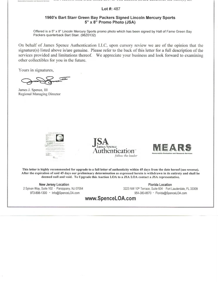 Bart Starr Vintage Autograph Lincoln Mercury Sports Panel 5" x 8" Photo JSA LOA - Image 2 of 2