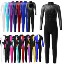 Girl Long Sleeve Rhinestone Gym Leotards Skating Jumpsuit Full Body Dancewear