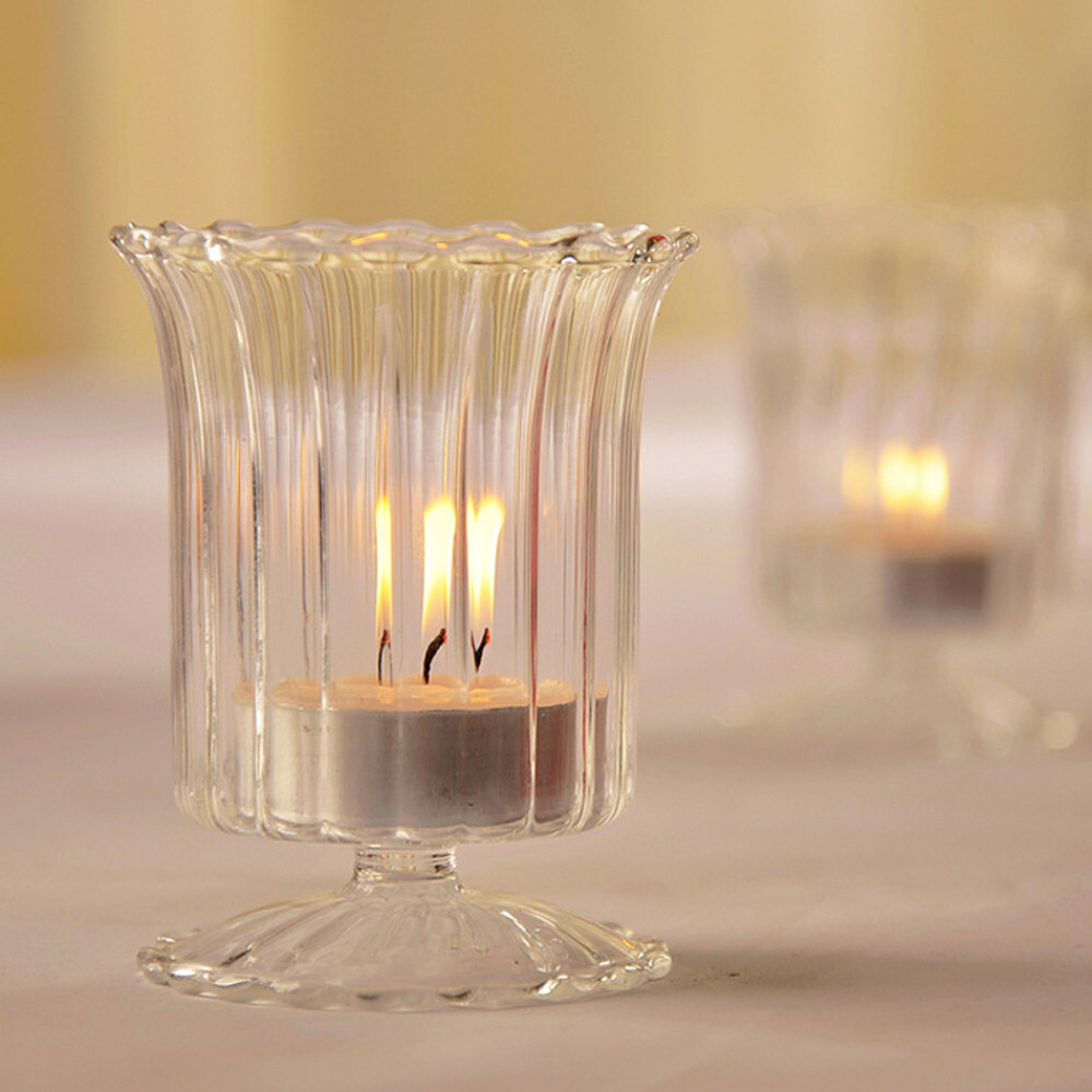 Dinner Candle Transparent Glass Stripe Lit Candle Cup Light Candle Lamp Holder 