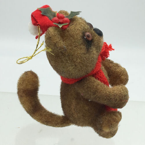 Vintage Flocked Raccoon Red Scarf Hat Christmas Ornament 3.5” Figure - Picture 2 of 8