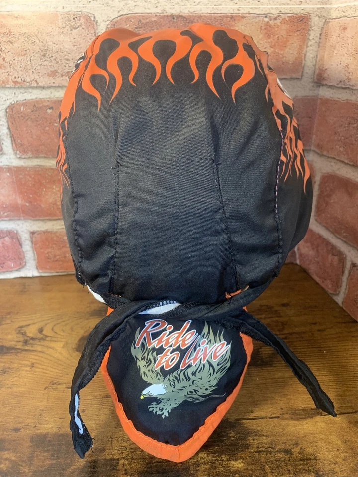 VTG Ride To Live Skull Headwrap Bandanna Sweatband Durag Capsmith Orange Black — 第 2/4 张图片