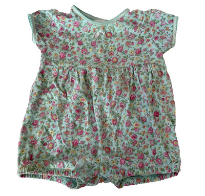 VINTAGE BABY GAP ROMPER GIRLS S 3-6 MONTHS BLUE PINK FLORAL SHORT SLEEVE COTTON