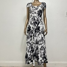 Talbots Black White Floral Maxi Dress Empire Waist Cap Sleeve Jersey Knit Size S