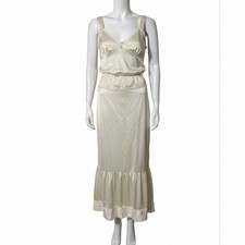 Vintage Elegant Ivory Lace Trim Lingerie Set Camisole Ruffle Maxi Half Slip M