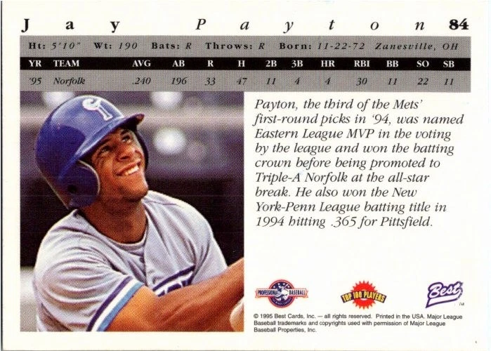 1995 -Jay Payton- Best Autograph/Signed/Auto Baseball Card #84 NY Mets - Image 2 of 2
