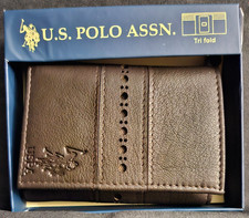 US POLO ASSN Brown Leather Logo Embossed Trifold Wallet Men's NIB