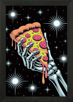 Gerahmtes Wandbild Skelett Hand hält Pizza im Raum Poster Leinwanddruck Bild