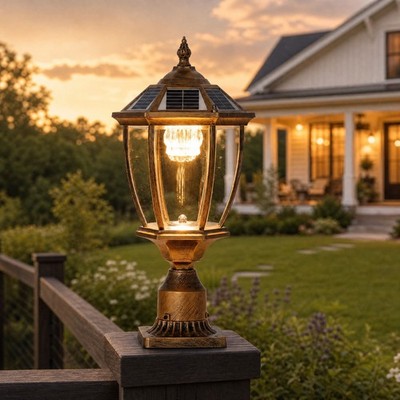 20'' Solar Lamp Post LED Light Outdoor Gold Dusk to Dawn with Pier Mount Base