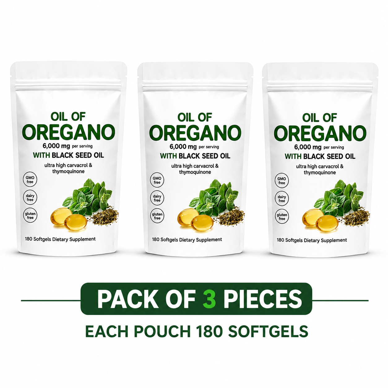 Olio di Origano 6000mg con Olio di Semi Nero - 180 Capsule Morbide 2 in 1 Immune Confezione da 3