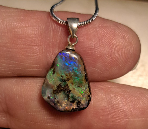 Multicolor Queensland Boulder Opal Pendant 925 Sterling Silver Pendant & Chain