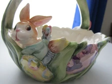 Fitz and Floyd - Painting Easter Eggs- Basket Candy Dish Bunny Rabbit - Vintage