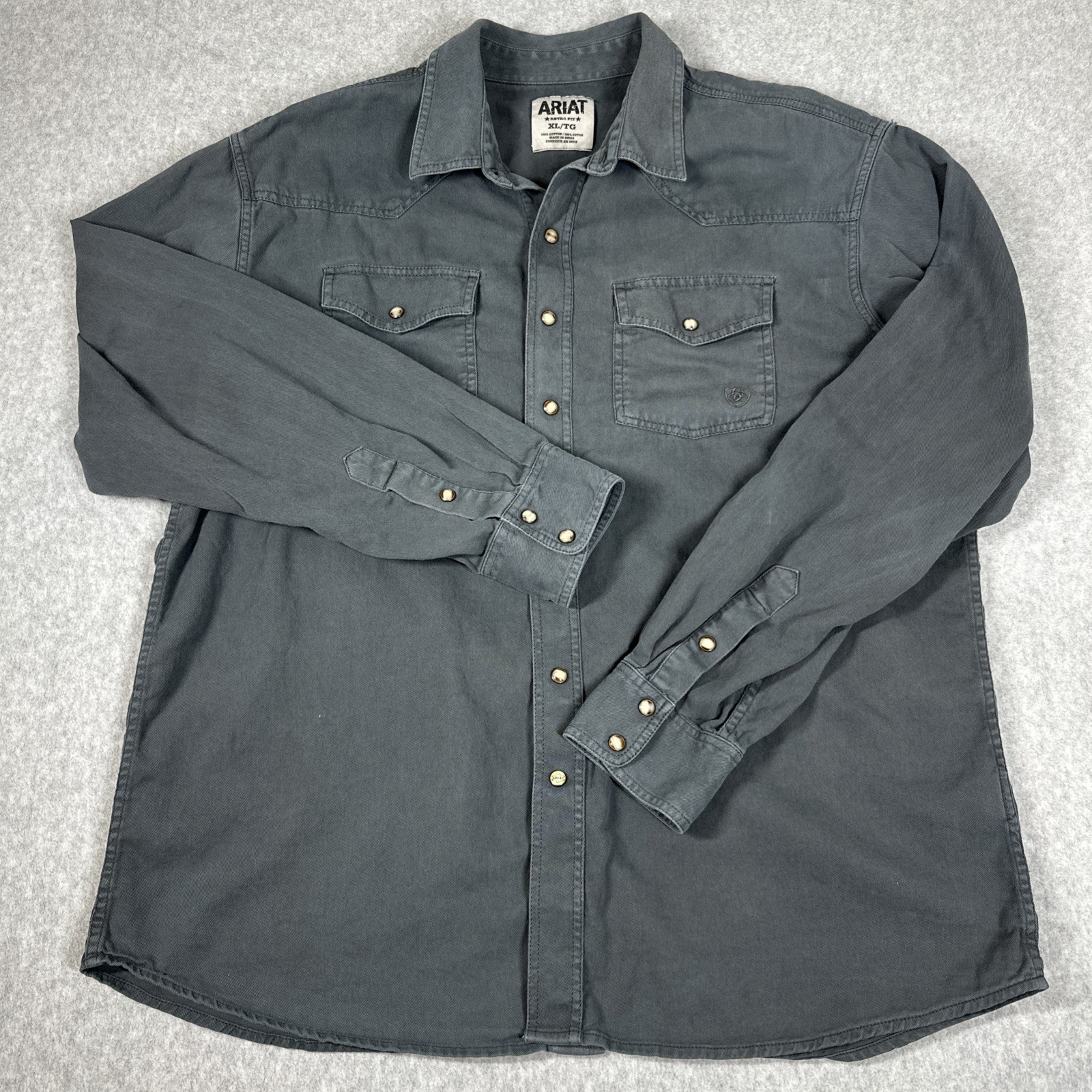 Ariat Retro Fit Shirt Men's XL Grey Western Pearl Snap Long Sleeve Workwear