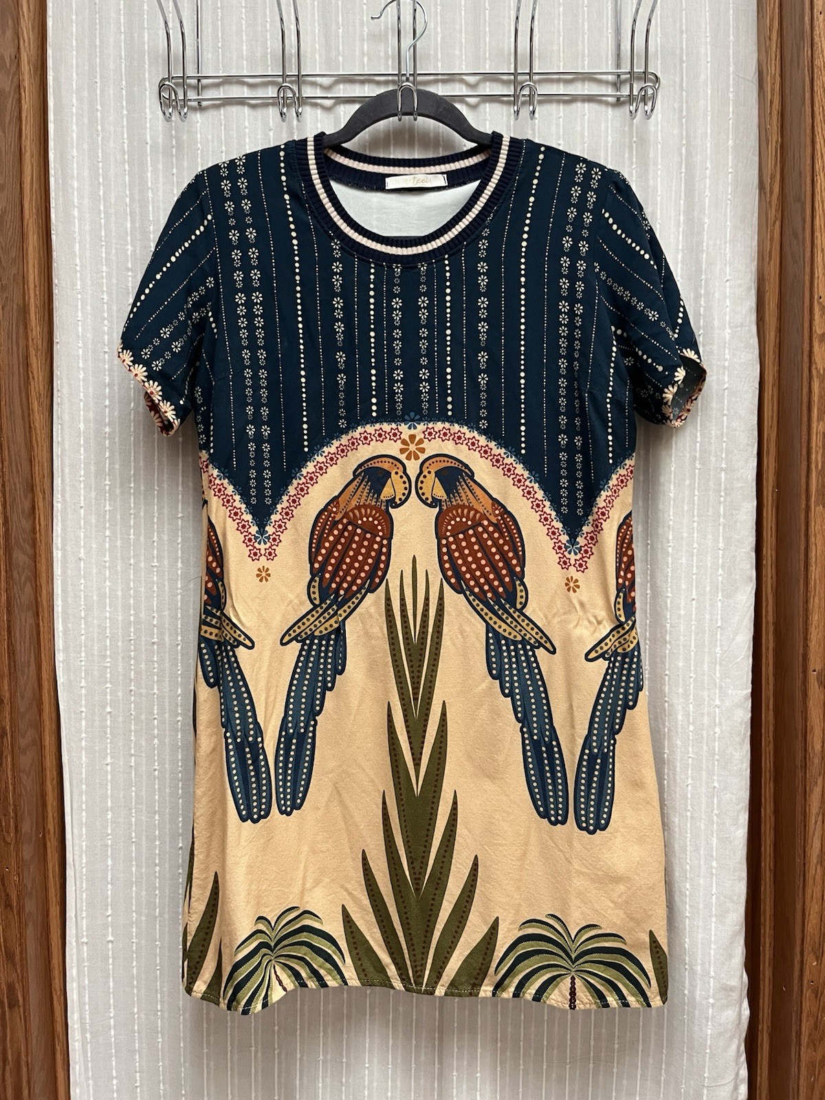 Artecor Brazil Tropical Macaw Parrot T Shirt Mini Dress L Farm Rio Vibe Boho