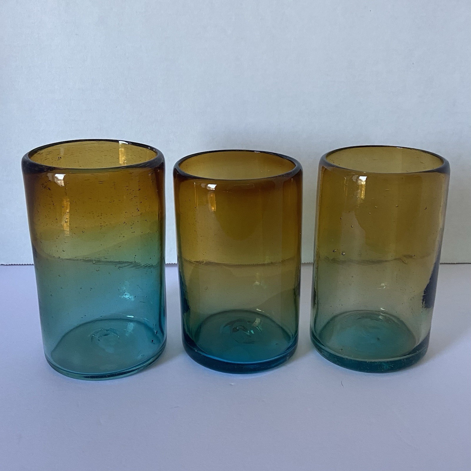 Blue Amber Ombre Mexican Hand Blown Glass Tumblers Set Of 3