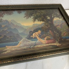 Antique Vintage 1925 Borin Chicago Art Deco Woman Child Colored Print Gilt Frame
