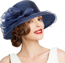 Kentucky Organza Derby Hats for Women Church Tea Medium, Navy-large Flower