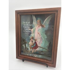Vtg Guardian Angel Children on Bridge Framed Print Psalms 91:11 Religious Art