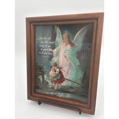 Vtg Guardian Angel Children on Bridge Framed Print Psalms 91:11 Religious Art